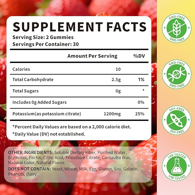 Potassium Citrate Gummies 1200mg for Adults, Women & Men Chewable Potassium Supplement for Muscle Health & Electrolyte Support Sugar Free, Strawberry Flavor, 120 Count