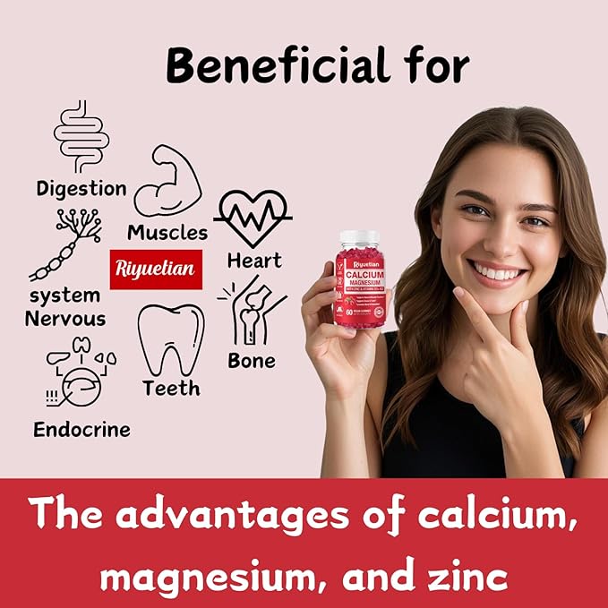 Calcium Gummies + Magnesium & Zinc with Vitamin D3 & K2, High Absorption Calcium Supplement for Bone, Teeth & Immune Support, Non GMO, Vegan, 60 Count