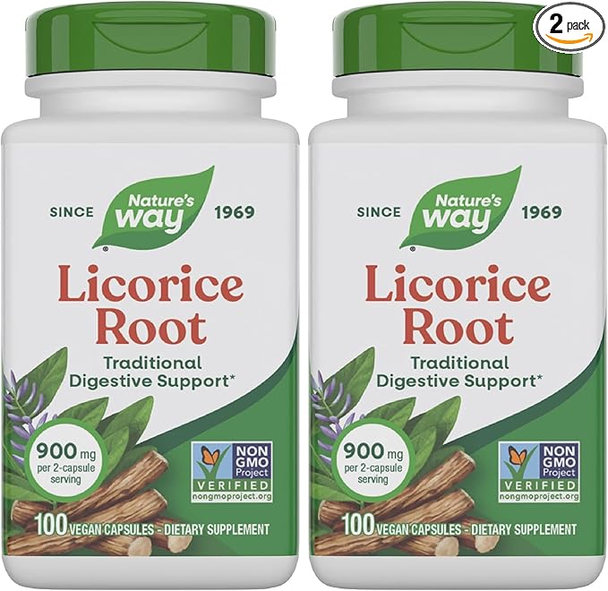 Nature's Way Licorice Root,Traditional Digestive Support Supplement*,900 mg per 2-Capsule Serving,Non-GMO Project Verified,100 Vegan Capsules (Packaging May Vary),(Pack of 2)