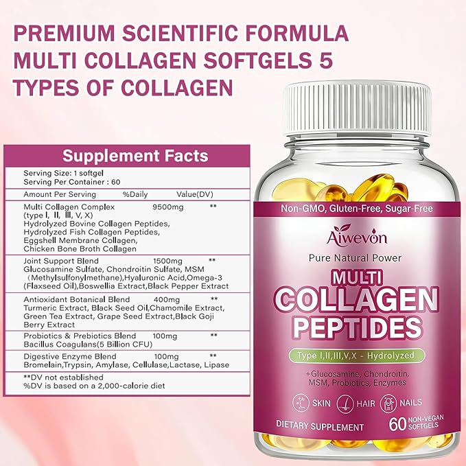 Multi Collagen Peptides Capsules 9500mg: Hydrolyzed Collagen Supplement Type I II III V X with Hyaluronic Acid Glucosamine MSM Probiotics Enzymes, Collagen for Skin Hair Nails Joints Women Men 60