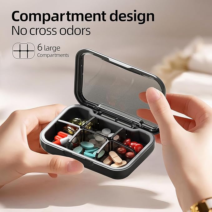 Portable Pill Box, Pill Organizer with 6 Compartments, Daily Medicine Pill Case, Pocket Size Pill Box for Travel, BPA Free Small Pill Container for Vitamins, Fish Oil, Supplements (Black)