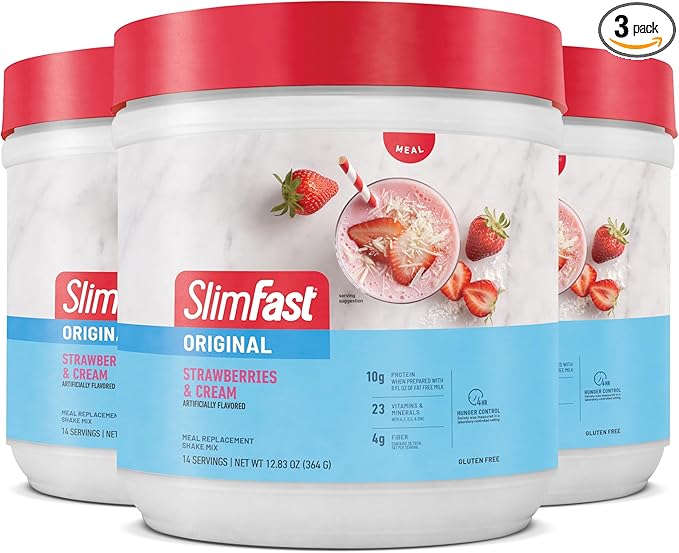 SlimFast Meal Replacement Powder, Original Strawberries & Cream, Weight Loss Shake Mix, 10g of Protein, 14 Servings (Pack of 3) (Packaging May Vary)