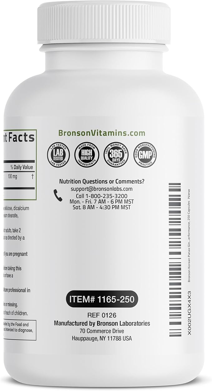 Bronson Korean Panax Ginseng Supports Energy, Endurance & Vitality + Memory and Mental Performance, 250 Capsules