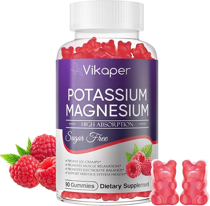 Potassium Magnesium Gummies 1200 mg for Adults Sugar-Free High Absorption Magnesium Glycinate Supplement,Supports Leg Cramps,Muscle,Heart Health,Non-GMO Magnesium Gummy Raspberry Flavor 90 Count