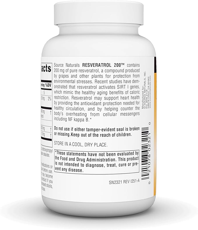 Source Naturals Resveratrol, for Heart and Healthy Aging - 200 mg -120 Vegan Capsules