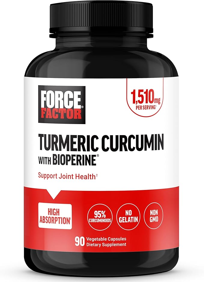 Force Factor Turmeric Curcumin Supplement with Black Pepper, Joint Support Supplement with BioPerine for Enhanced Absorption, No Gelatin, Non-GMO, 90 Capsules