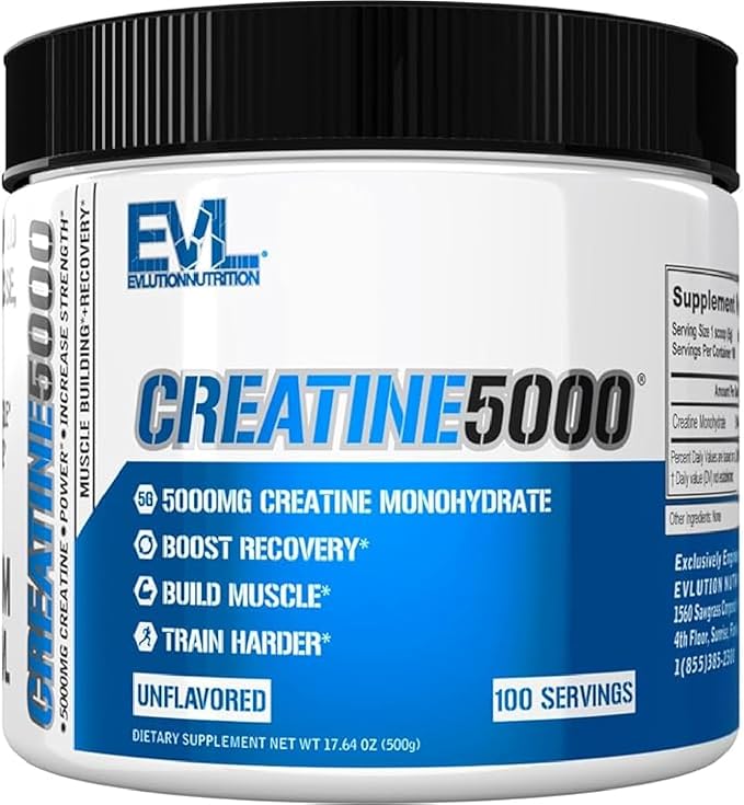 Evlution Nutrition Creatine 5000 - Supports Faster Recovery, Lean Muscle Growth & Performance - Pre & Post Workout Powder - 5000mg Pure Creatine Monohydrate Per Serving - 100 Servings - Unflavored