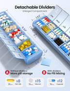 VAYDEER Metal Weekly Pill Organizer – Moisture-Proof Travel Pill Organizer with Built-in Desiccant Chamber and Airtight Lids – Large-Capacity Pill Box for Vitamins, Medicines & Supplements (Blue)