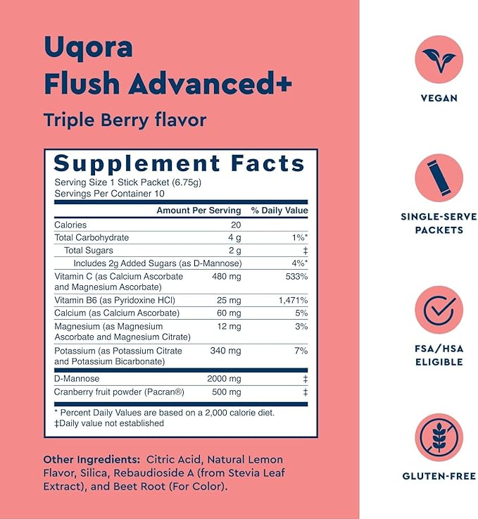 Uqora Flush Advanced+ - Helps Reduce Risk of Recurrent UTI** - with Cranberry, D-Mannose, Vitamin C, Vitamin B6 & Potassium - Gluten-Free & Vegan - Triple Berry Flavor - 20 Packets Total (2 Pack)