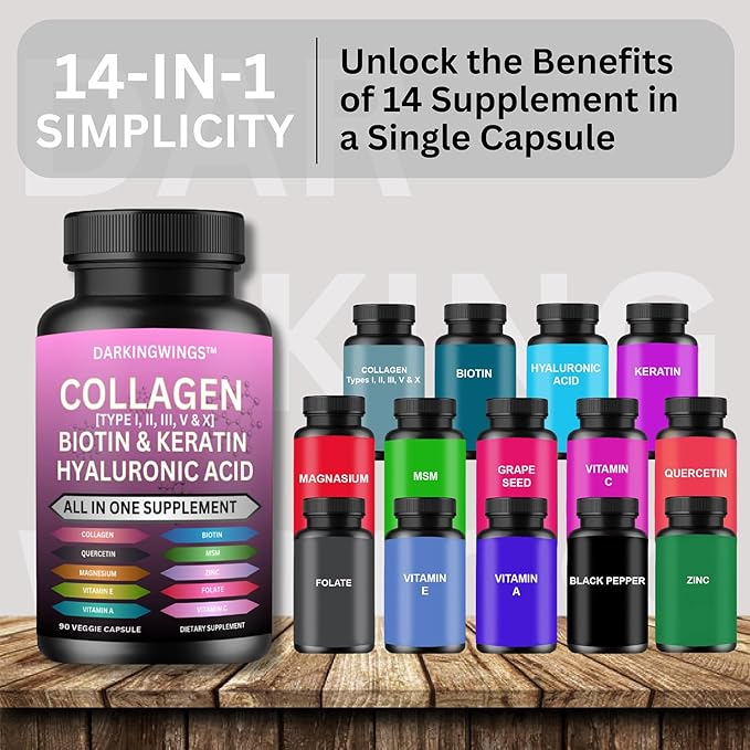 Multi Collagen Pills Peptides Types I, II, III, V & X MCG Biotin Keratin Hyaluronic Acid MSM Vitamin C Zinc Magnesium with Grape Seed Extract, Quercetin - Hair Skin and Nails Vitamins Capsule