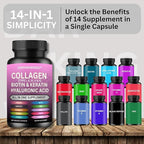 Multi Collagen Pills Peptides Types I, II, III, V & X MCG Biotin Keratin Hyaluronic Acid MSM Vitamin C Zinc Magnesium with Grape Seed Extract, Quercetin - Hair Skin and Nails Vitamins Capsule