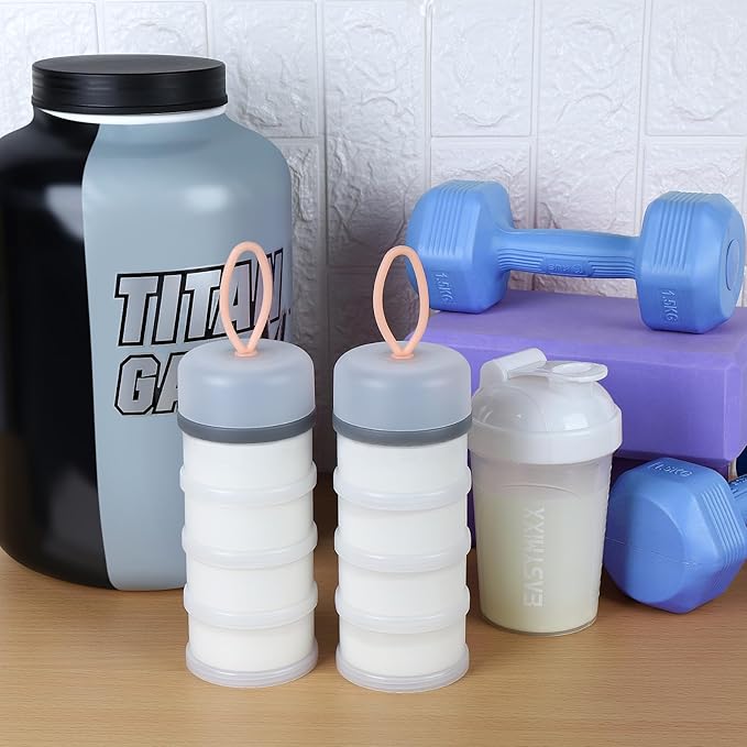 Accmor 2 Pcs Protein Powder Container to Go with Funnels Stand, 4 Compartments Stackable Protein Powder Dispenser for Workout, Fitness, Travel