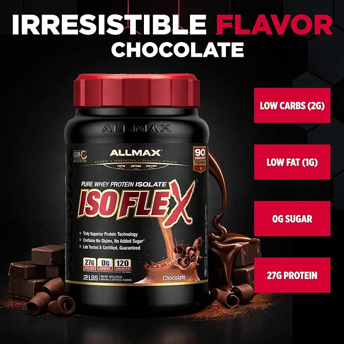 ALLMAX ISOFLEX Pure Whey Isolate Protein Powder - Gluten Free, Low Lactose, Sugar-Free - High-Protein, Clean, Keto-Friendly for Pre Post Workout Supplement for Women and Men | Chocolate, 2lb