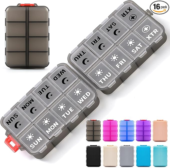 Foldable Weekly Pill Organizer 2 Times a Day with 2 Extra Compartments (Clear Printed Labels) - 7 Day AM PM Medicine Box, Week Daily Travel Pill Case Holder for Vitamin, Supplement - Clear Black