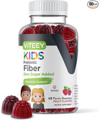 Viteey Prebiotic Kids Fiber for Constipation Relief, Digestive Health Regularity Support, Natural Weight Support - Fiber 4g, Zero Sugar Added, Vegan, Gluten Free - Tasty Chewable Fruit Flavored Gummy
