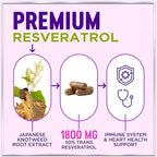Resveratrol Blend 1800mg per Serving Supplement - Extra Strength Antioxidant Complex for Healthy Aging & Immune Support, Heart Health & Energy Support, Bioavailable Trans-Resveratrol - 60 Capsules