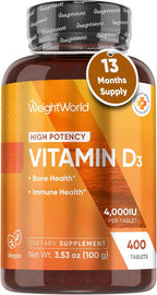 WeightWorld Vegan Vitamin D3 4000 IU Tablets - 400 Count - D3 Vitamin for Bone & Immune Health - (13+ Months Supply) - High Potency Vegan D3 for Women & Men - GMP-Approved - Gluten-Free - Non-GMO