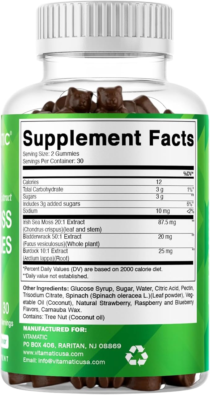 Vitamatic Irish Sea Moss Gummies with Bladderwrack & Burdock Root – Botanical Extract Supplement – Vegan, Non-GMO – 60 Count - 2 Pack (120 Count)