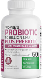 Bronson Women's Probiotic 50 Billion CFU + Prebiotic with Cranberry & D-Mannose – Vaginal Health, Healthy Digestion, Immune Function and Urinary Tract Support, Non-GMO, 60 Vegetarian Capsules