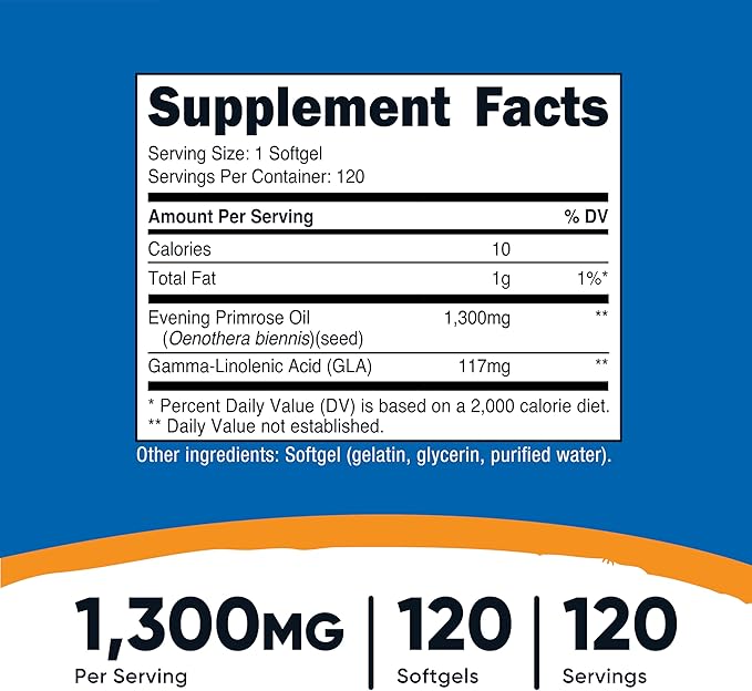 Nutricost Evening Primrose Oil 1,300mg, 120 Softgels - Cold Pressed, Non-GMO, Gluten Free, 120 Servings