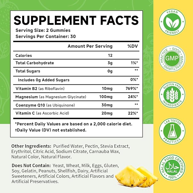 Vitamin B2 Gummies, Riboflavin Supplement for Kids & Adults, with Magnesium Glycinate, CoQ10 and Vitamina C, for Women and Men, Energy, Immune Wellness & Cellular Health Support, 120 Count