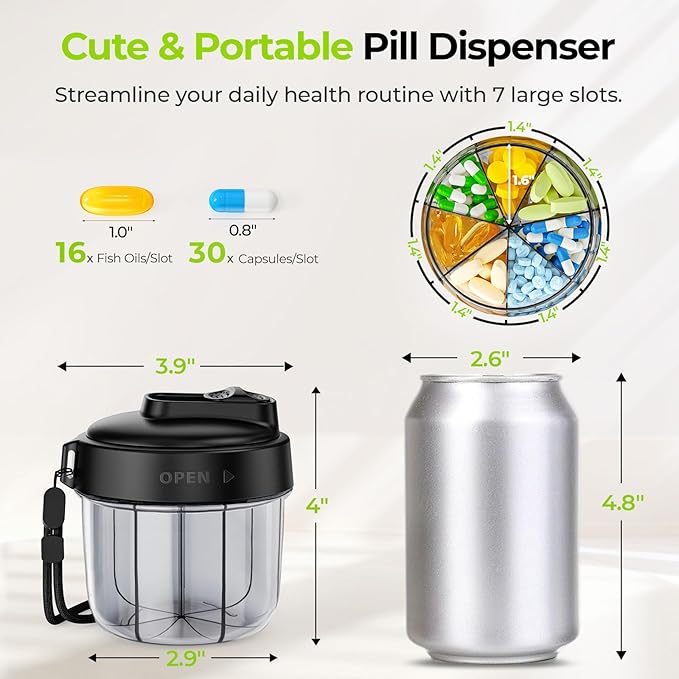 AUVON Portable Pill Dispenser to Store 7 Various Supplements, Travel Pill Organizer Bottle with Anti-Mixing Design, Arthritis-Friendly Pill Container with Wide Opening & Slider Lid, 20 Blank Stickers