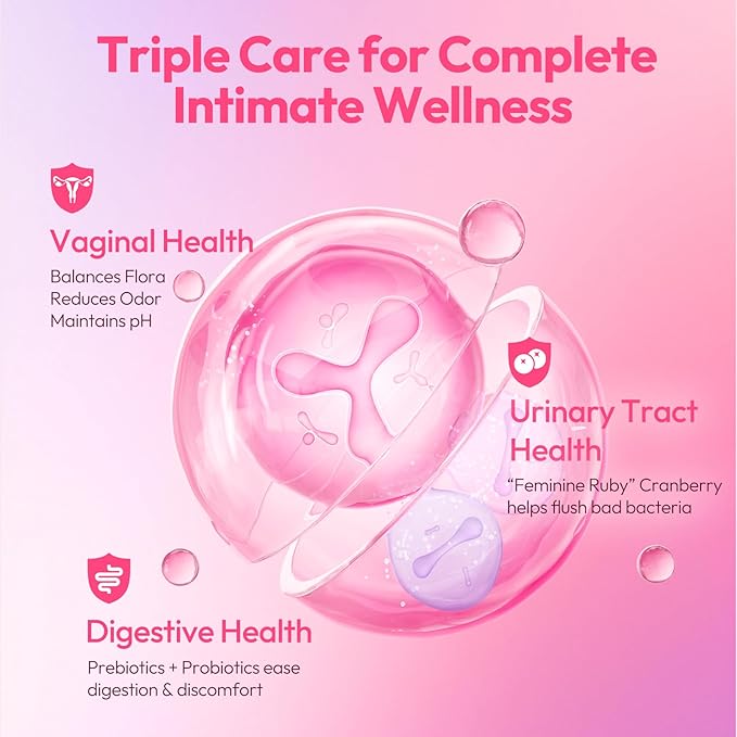Vaginal Probiotics for Women 100 Billion CFU with Cranberry Extract for pH Balance & UTI Support, Plus Prebiotics & Lactobacillus, Triple Action for Vaginal, Urinary & Gut Health, 30 Capsules