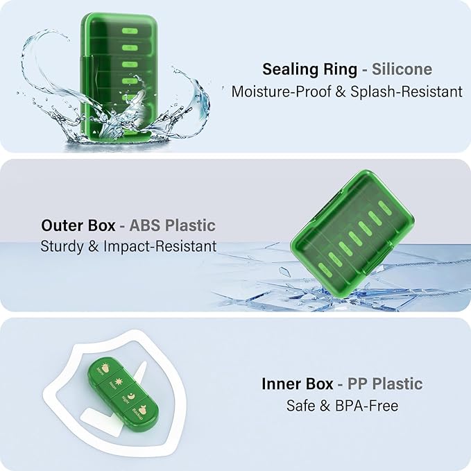 Weekly Pill Organizer 4 Times a Day, 7 Day Pill Box 4X, Portable for Travel Pill Case for Pills/Vitamin/Fish Oil/Medication/Supplements (4x7 Green)
