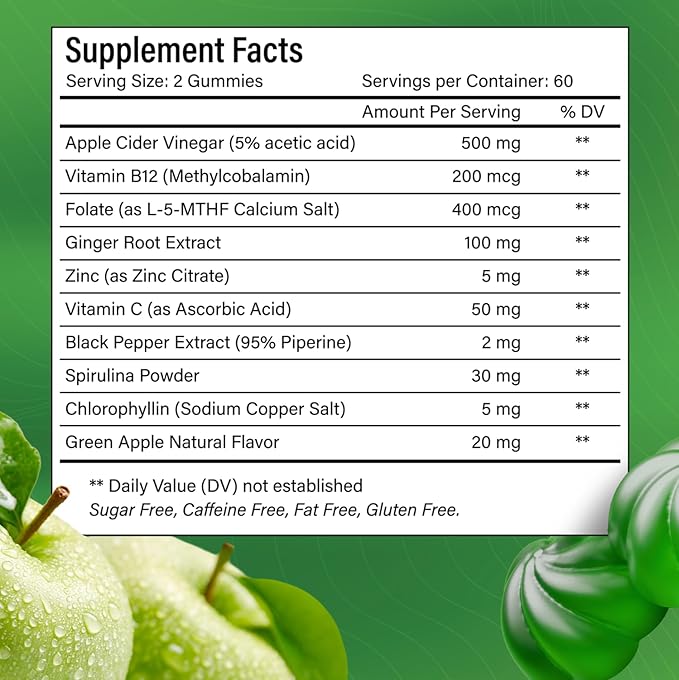 120 Premium Apple Cider Vinegar (ACV) Gummies, Formulated with Vitamin B12, Zinc, Ginger & Vitamin C,120 | Vegan - Gluten Free - Non GMO