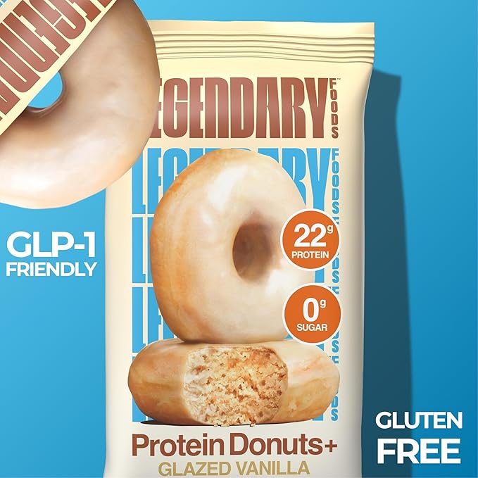 Legendary Foods Protein Donuts - 22g Protein, Glazed Vanilla, Zero Sugar Snack, Gluten Conscious, Low Carb, Keto Suitable, Diabetic and GLP-1 Diets - 8 Pack with Two Donuts per pack