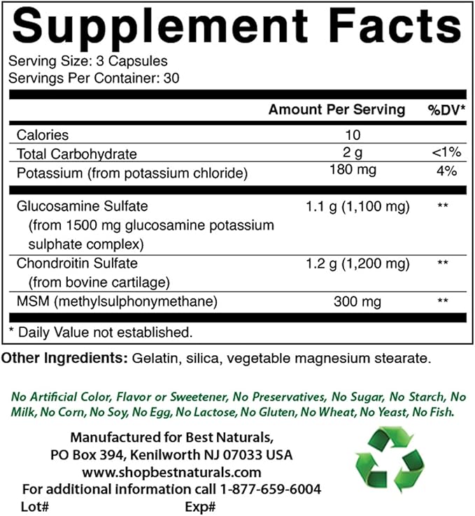 Best Naturals, Glucosamine Chondroitin MSM Supplements, 2600 mg per Serving, 90 Capsules (90 Count (Pack of 2))
