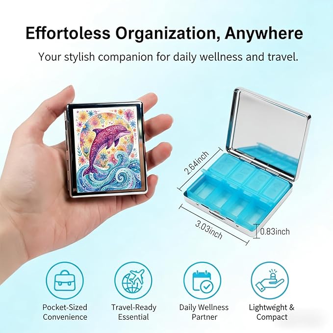 Weekly Pill Organizer, Metal Pill Box with 8 Compartments, Small Travel Pill Case for Purse Pocket, Medicine Vitamin Supplement Organizer (Dolphin Bloom)