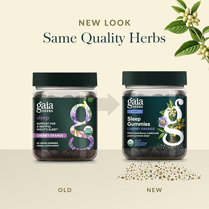 Gaia Herbs Sleep Gummies - Sleep Support*- Ashwagandha, Reishi Mushroom & Passionflower - USDA Certified Organic, Non-GMO Project Verified, Gluten Free - Cherry Orange - 40 Vegan Gummies (20 Servings)