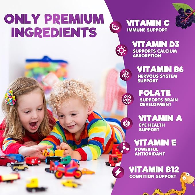 Multivitamin for Kids - Complete Daily Children's Multi Vitamin Gummy Chew with Vitamin D, B Vitamins, Zinc & More - Energy, Memory Focus & Immune Health Support - Natural Berry Flavor - 120 Gummies
