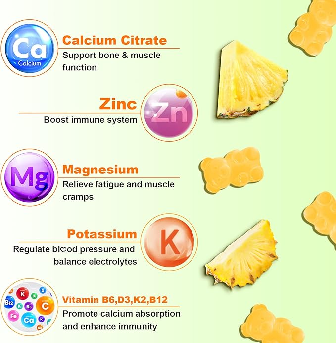 Calcium Citrate Gummies - Chewable Calcium Gummies for Bone, Muscle, Teeth, Immune Support, High Absorption Calcium Supplements for Women & Men Sugar Free Pineapple Flavor 60 Count