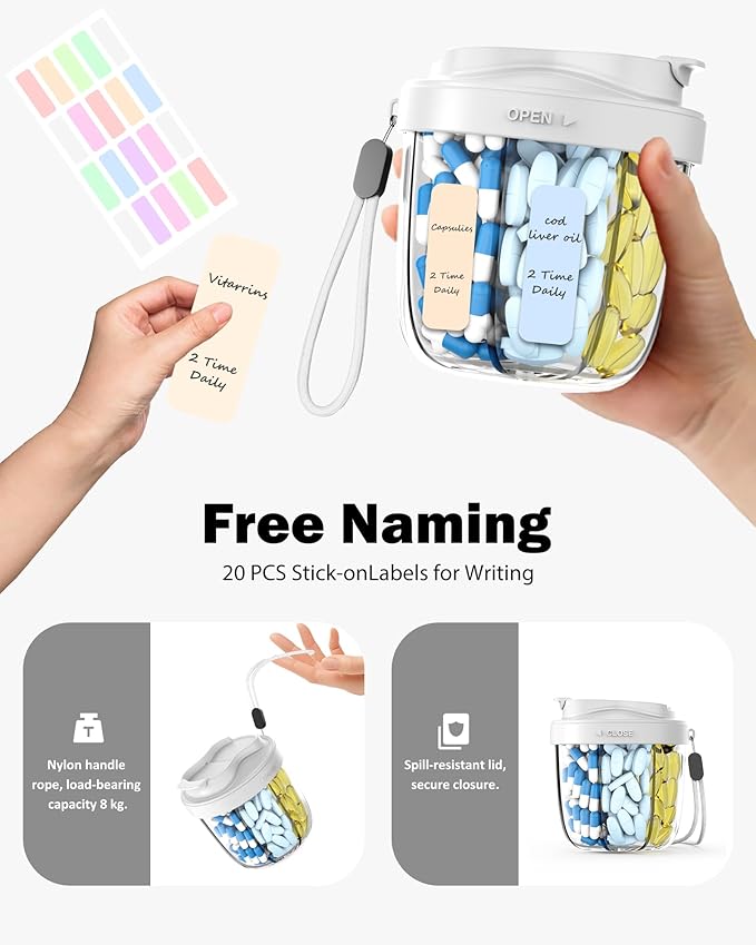 Cute Pill Organizer,Pill Dispenser with 7 Large Compartments,Portable Pill Bottle Box with Wide Opening for Easy Use, Anti-Mix Pills Organizer for Travel,Includes 20 Pcs Sticky Labels(Gray)