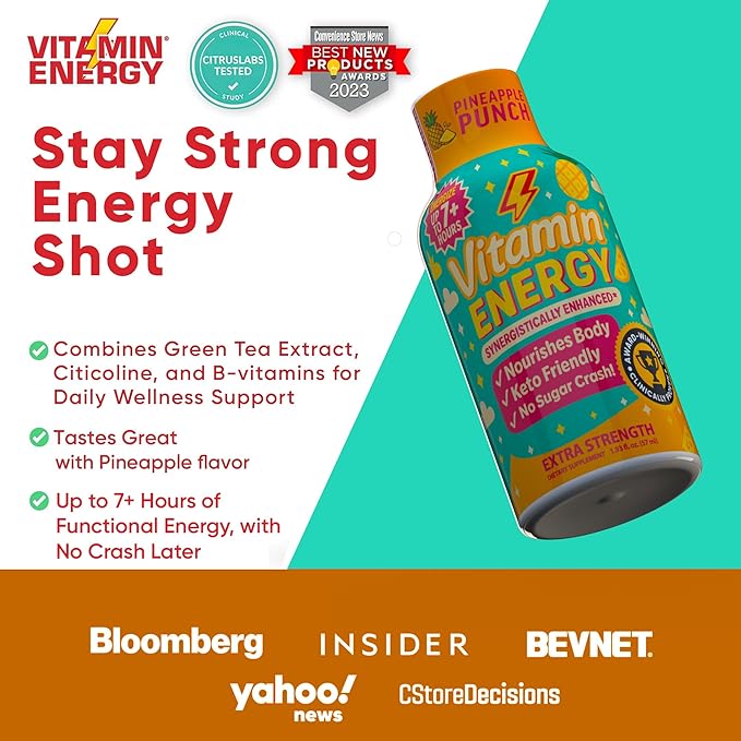 Vitamin Energy Immune+ Extra Strength Energy Shot Pineapple Punch 24 Pack, 260mg Natural Caffeine, B-Vitamins, Citicoline, Green Tea, Immunity & Focus Support, Zero Sugar, Gluten-Free 1.93 fl oz