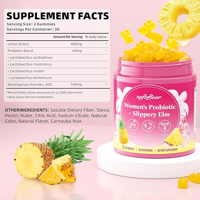 softbear Womens Probiotic Slippery Elm Gummies, Feminine Vaginal Probiotics Pineapple Gummies for Women pH Balance & Flora Health, Vegan/Sugar-Free/Non-GMO, 60 Count