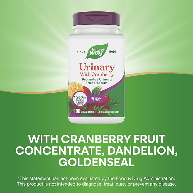 Nature's Way Urinary with Cranberry Premium Blend, Promotes Urinary Tract Health*, with Cranberry, Dandelion, Vegan, Non-GMO Project Verified, 100 Capsules (Packaging May Vary)