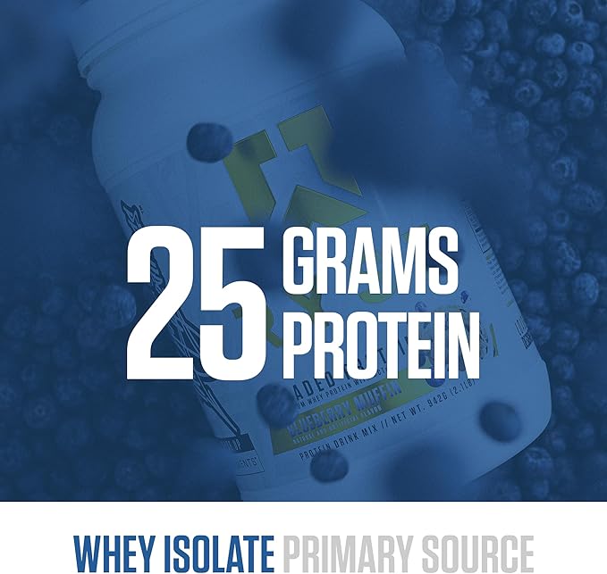RYSE Loaded Protein Powder - Blueberry Muffin - 25g Whey Protein Isolate & Concentrate with Prebiotic Fiber & MCTs - Low Carb, Low Sugar, Digestive-Friendly - 20 Servings / 1.5 lb Tub