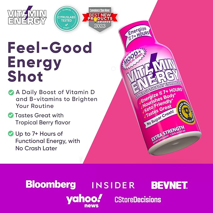 Vitamin Energy Mood+ Extra Strength Energy Shot Tropical Berry 48 Pack, 260mg Natural Caffeine, B-Vitamins, Rhodiola, Chamomile, Mood & Energy Support, Zero Sugar, Gluten-Free, Vegan, 1.93 fl oz