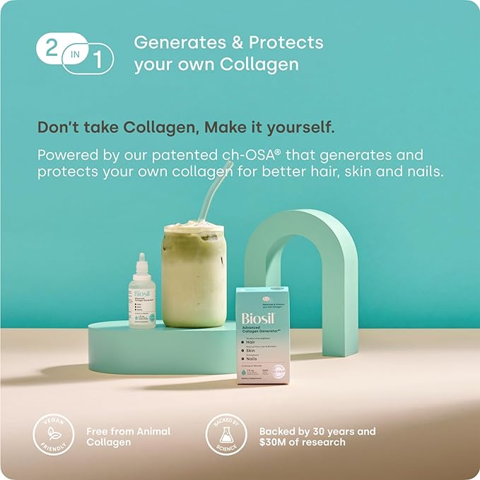 Biosil Collagen Booster Supplement - 1 fl oz Drops, Pack of 2 - Patented ch-OSA Activator for Skin, Hair, Nails & Joints - Supports Natural Production - 120-Day Supply