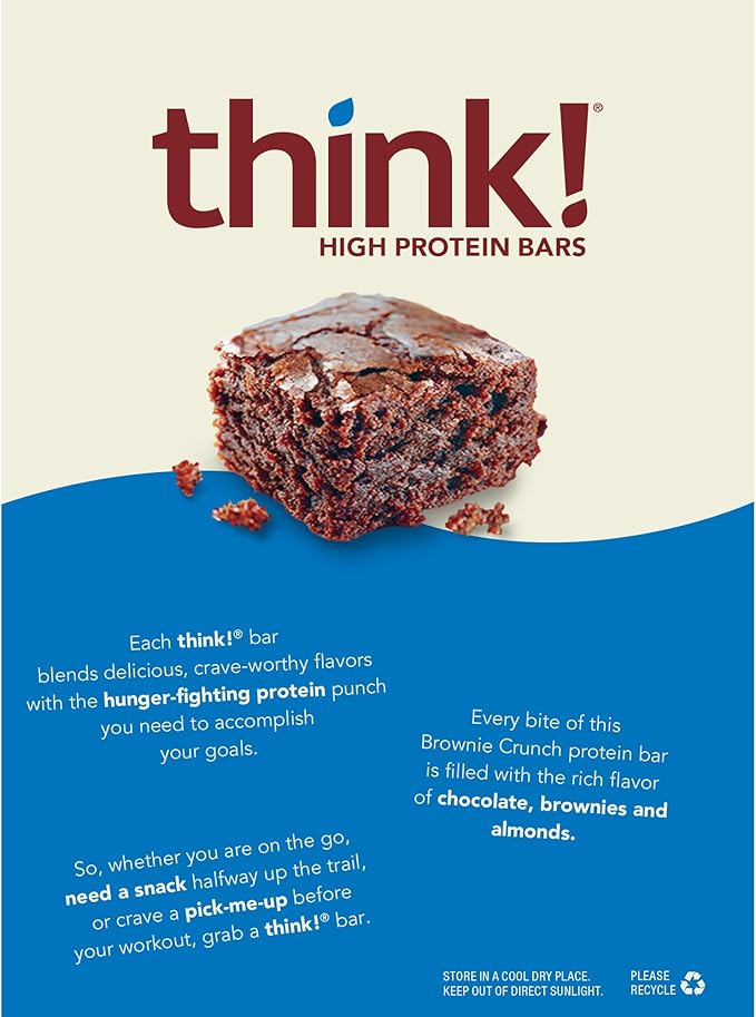 think! Protein Bars, High Protein Snacks, Gluten Free, Sugar Free Energy Bar with Whey Protein Isolate, Brownie Crunch, Nutrition Bars without Artificial Sweeteners, 2.1 Oz (12 Count) (Pack of 2)