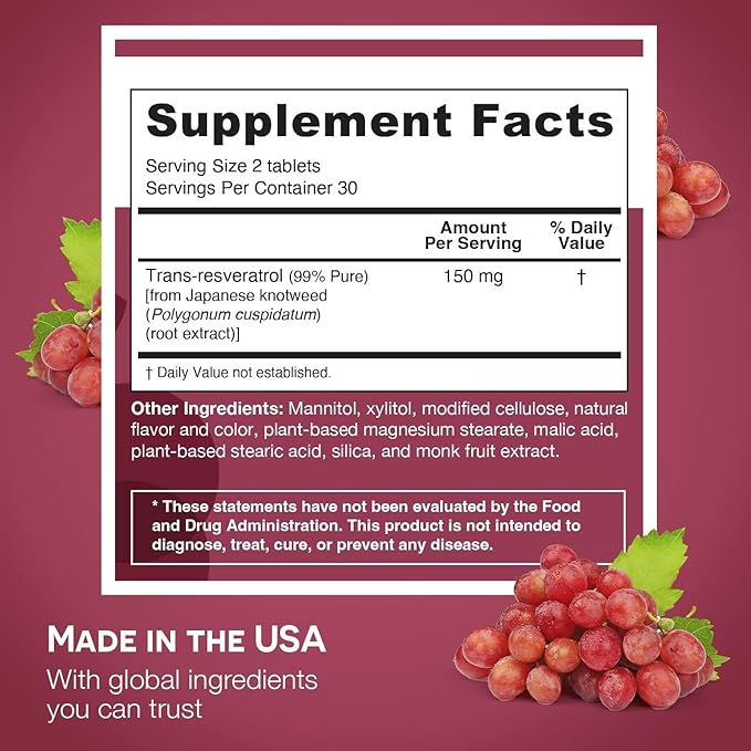 EZ Melts Dissolvable Resveratrol Supplement 150 mg, Sugar-Free, 1-Month Supply - 2 Pack