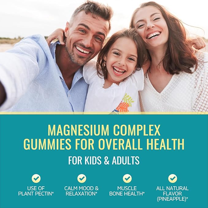 Magnesium Complex Gummies for Kids & Adults- Calm Chewable Gummies- Magnesium Glycinate, Taurate, Citrate, Malate, Supplement-Support Calm Stress Relief, Bone, Muscle, Mood Vegan, 60 Count (Pack of 1)