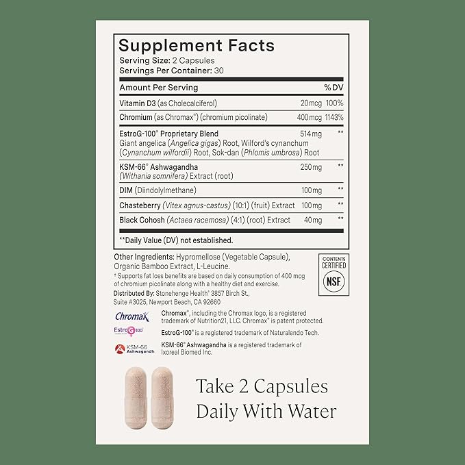 Stonehenge Health for Women Menopause Support for Peri + Menopause + Post - Mood, Energy, Stress, Hot Flashes, Night Sweats, Sleep & Cortisol, Chromax Chromium, Vitamin D3, KSM-66 Ashwagandha Extract