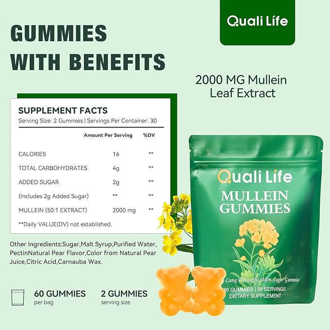 Mullein Gummies for Lungs - 2000mg Mullein Leaf Extract for Lung Detox for Smokers, Cleanse, Respiratory, Digestive & Immune Support - Pear Flavor, 60 Gummies