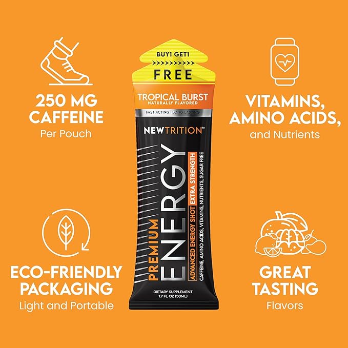 NewTrition® Extra Strength Energy Shots, 1.7 fl oz - 250mg Caffeine with Vitamin B & Amino Acids, Sugar-Free, Zero Calorie Vitamin Energy Drink for Focus & Endurance (Pack of 6, Tropical Burst)
