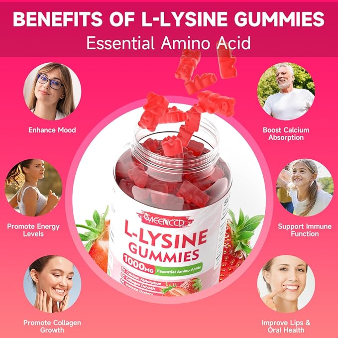 MEENCCD 2 Pack L-Lysine 1000mg Gummies, Lysine Supplement for Adults & Kids, Essential Amino Acid for Oral & Lips Health, Boost Immune & Calcium & Collagen, Sugar-Free, Strawberry Flavor, 120 Count