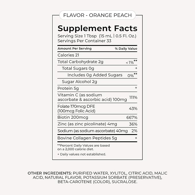 MAËLYS Collagen + BIOTIN Supercharged Liquid Collagen - Drinkable Hydrolyzed Type I & III Collagen Supplement with Biotin, Vitamin C, Zinc & Folic Acid - Orange Peach Flavor (500 mL)